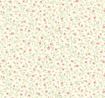 pink and green mini floral trail on light yellow wallpaper