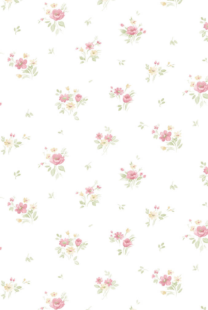 red, green and yellow floral allover on white wallpaper