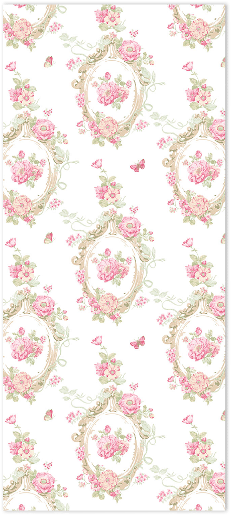 Pink and green floral on white wallpaper