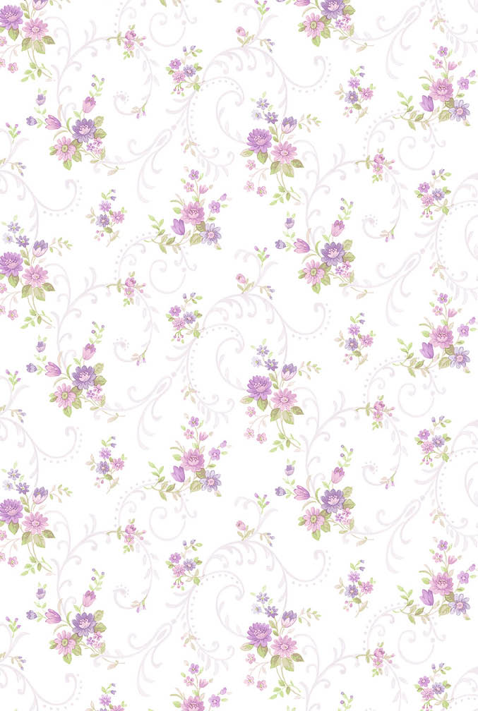 Purple and pink floral with purple filigree on white wallpaper