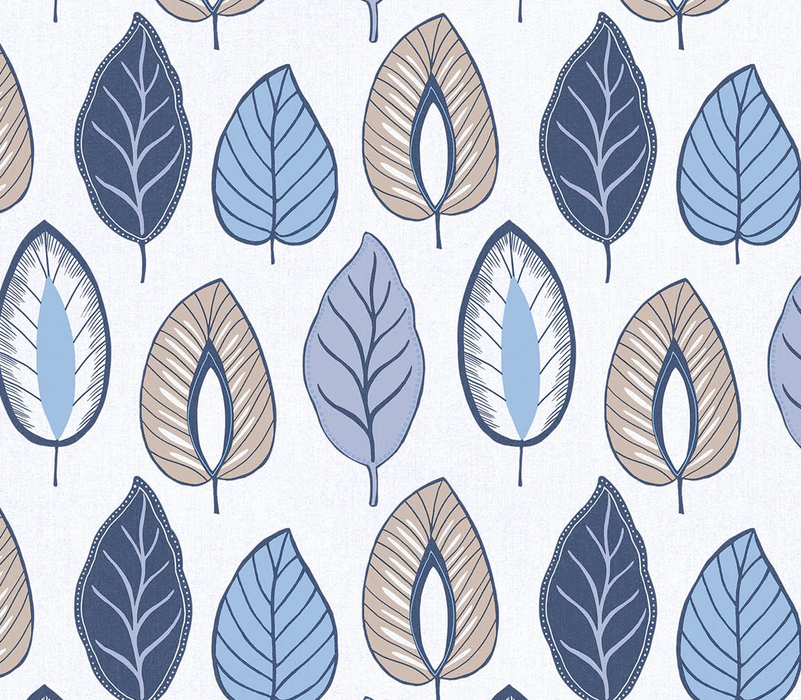 blue, navy and taupe chic leaf wallpaper
