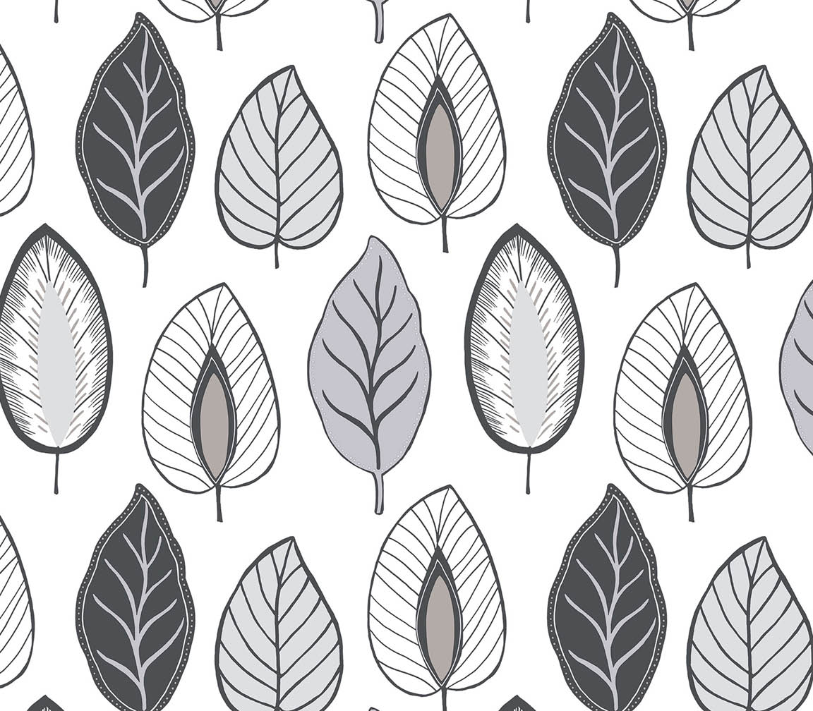 black, grey metallic silver chic leaf wallpaper