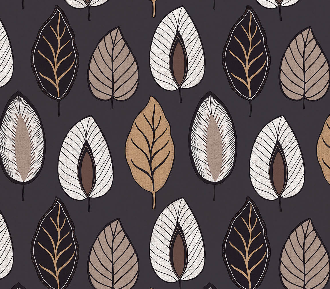charcoal, brown and tan chic leaf wallpaper