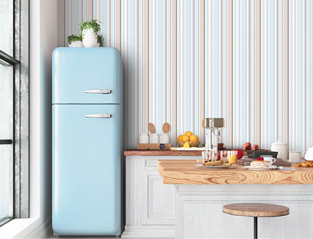 Loft kitchen design with powder blue and taupe stripe wallpaper