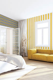 White luxury bedroom interior with black and yellow geometric and yellow striped wallpapers