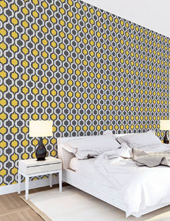 White luxury bedroom interior with black and yellow geometric and yellow striped wallpapers