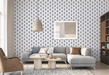 Scandinavian interior design living room 3d render with gray and beige colored furniture and wooden elements with retro geometric wallpaper in grey and charcoal