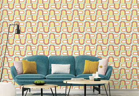 3D illustration  Colorful interior of living room with a blue sofa and a yellow armchair with retro geographic wallpaper in yellow, orange and blue