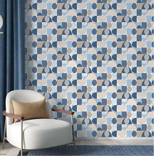 The interior of the living room or reception in blue with geometric wallpaper in blue and beige with a stylish  armchair and a a modern floor lamp against of a blue wall and curtains  Mid-century modern style   3D illustration, 3d render