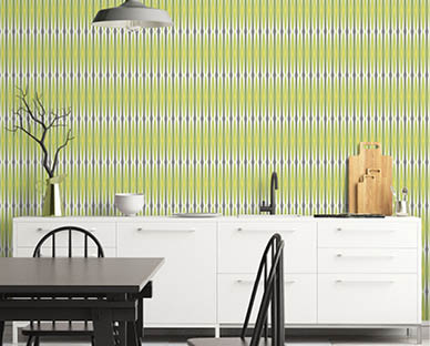 modern kitchen with green graphic wallpaper