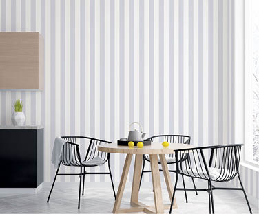 Contemporary kitchen eat in area with grey stripe wallpaper