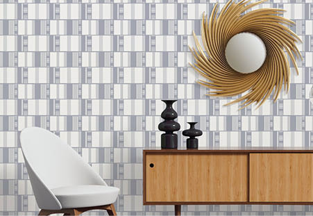 3d rendering of a scandinavian console table with armchair and mirror with grey texture wallpaper