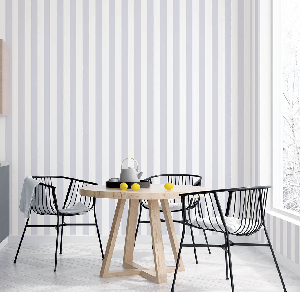 Contemporary kitchen eat in area with grey stripe wallpaper