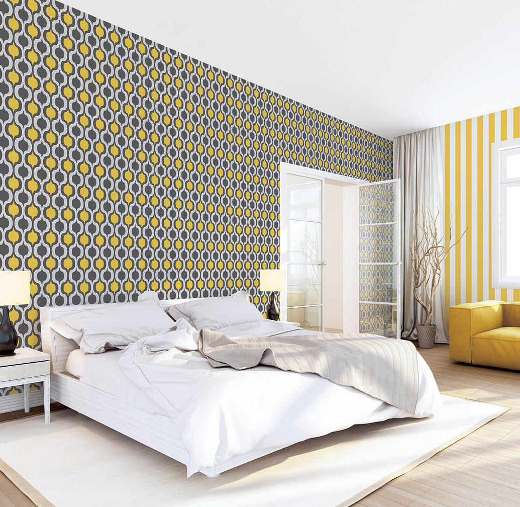 White luxury bedroom interior with black and yellow geometric and yellow striped wallpapers