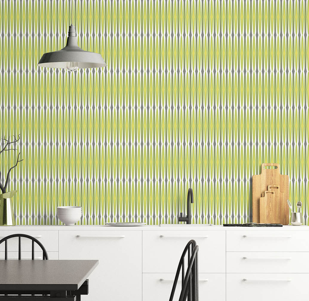 modern kitchen with green graphic wallpaper