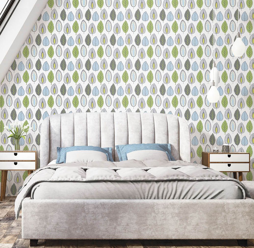 Modern room with modern leaf in blue, grey and green allover 