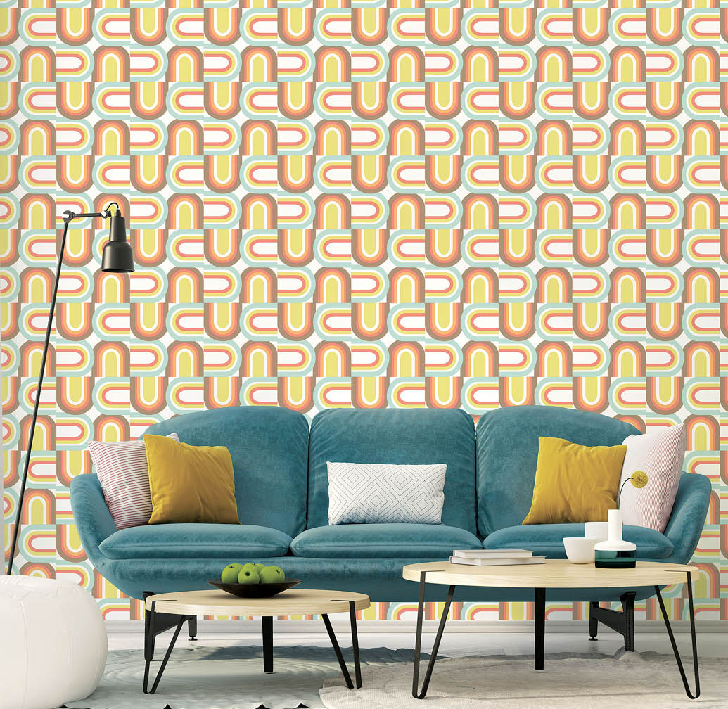 3D illustration  Colorful interior of living room with a blue sofa and a yellow armchair with retro geographic wallpaper in yellow, orange and blue