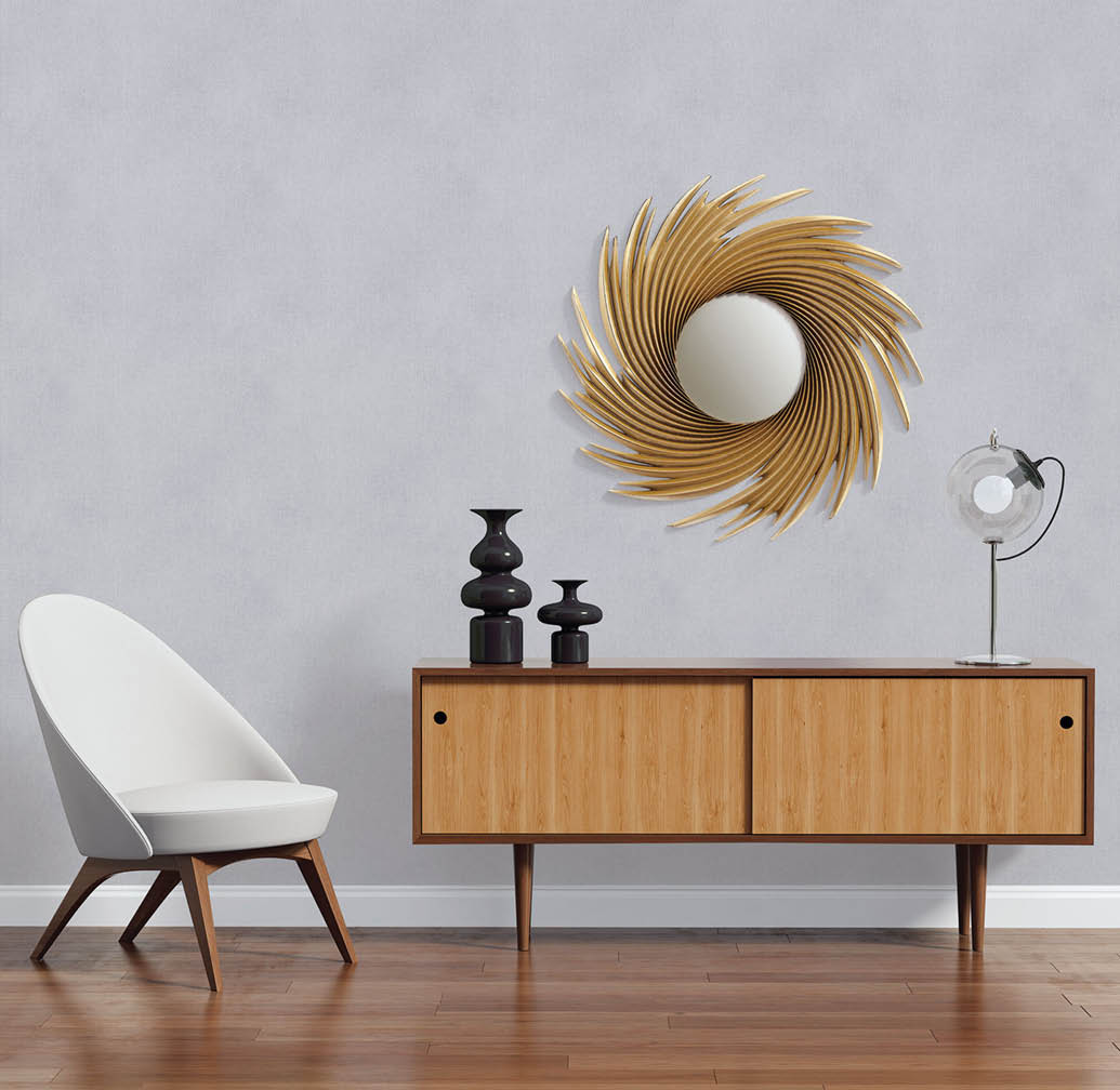 3d rendering of a scandinavian console table with armchair and mirror with grey texture wallpaper