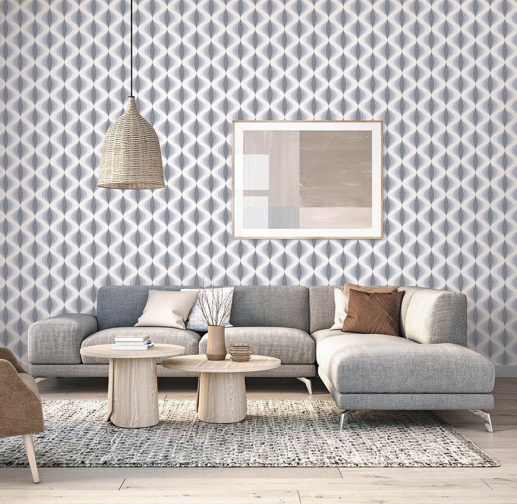 Scandinavian interior design living room 3d render with gray and beige colored furniture and wooden elements with retro geometric wallpaper in grey and charcoal