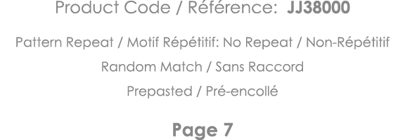 Product Code   Référence: JJ38000 Pattern Repeat   Motif Répétitif: No Repeat   Non-Répétitif Random Match   Sans Rac   