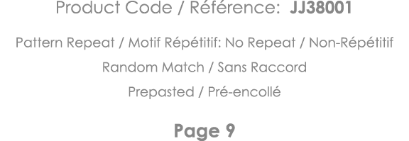 Product Code   Référence: JJ38001 Pattern Repeat   Motif Répétitif: No Repeat   Non-Répétitif Random Match   Sans Rac   