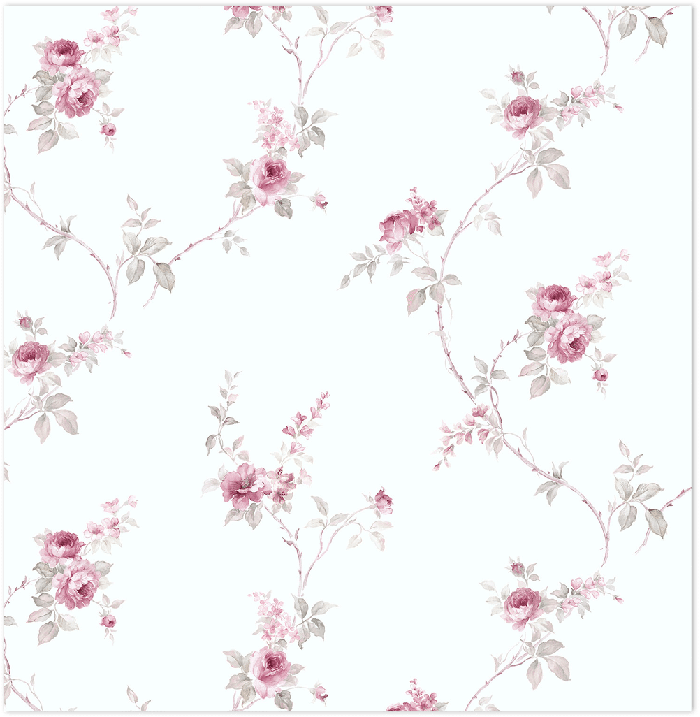Pink and grey on white paper floral trail wallpaper