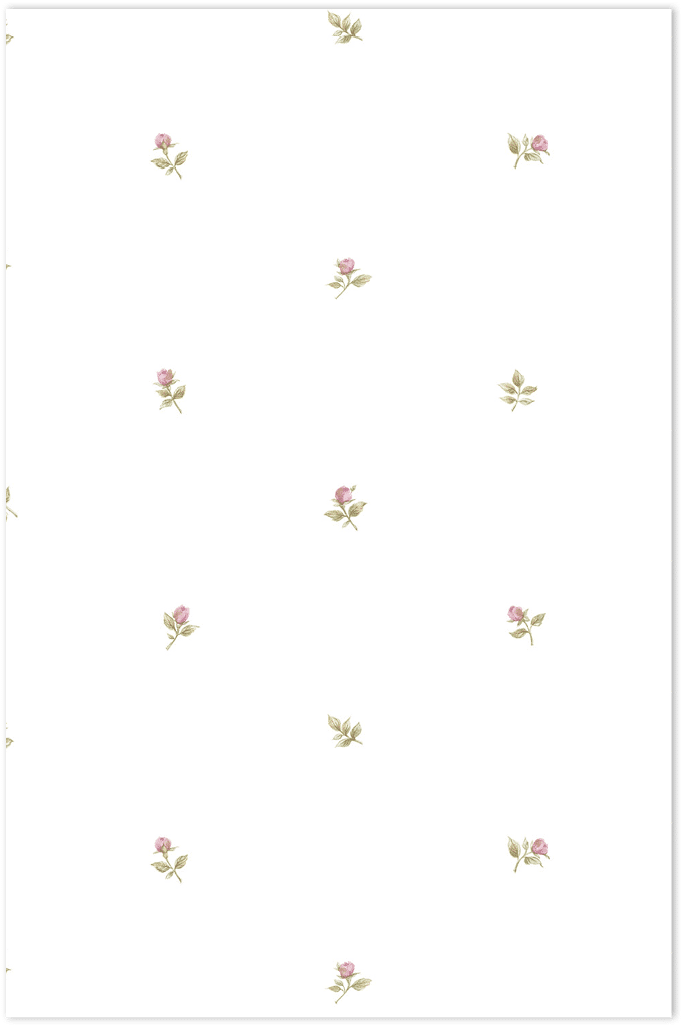 mini rose buds in pink and green on white wallpaper