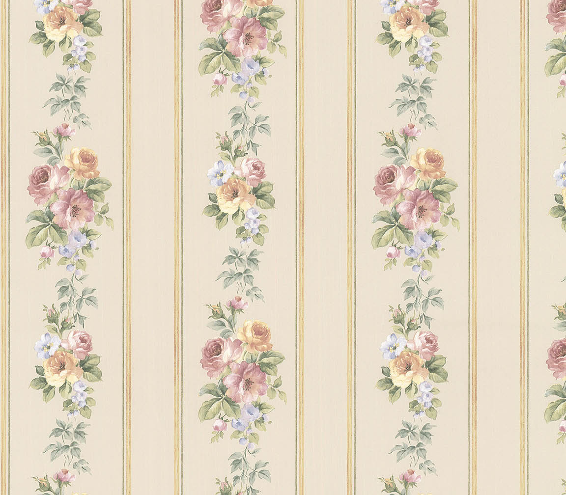 floral stripe in beige, pinks and blues wallpaper
