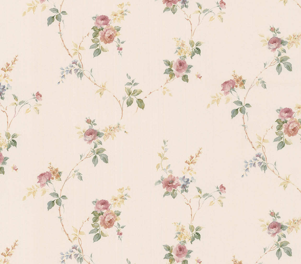 floral trail in biege, pink and green wallpaper