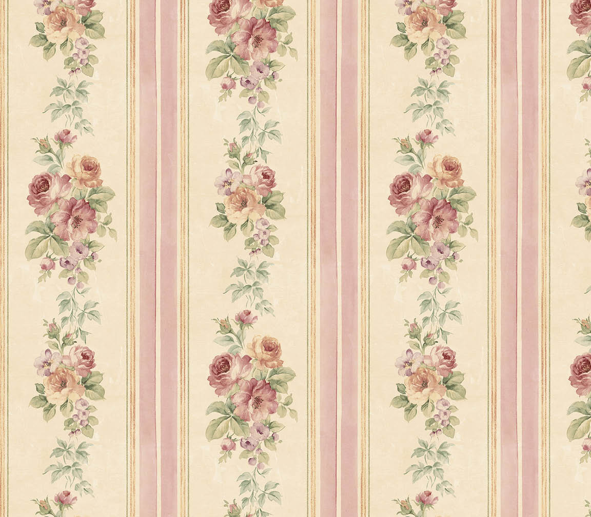 floral stripe in pinks and beige wallpaper