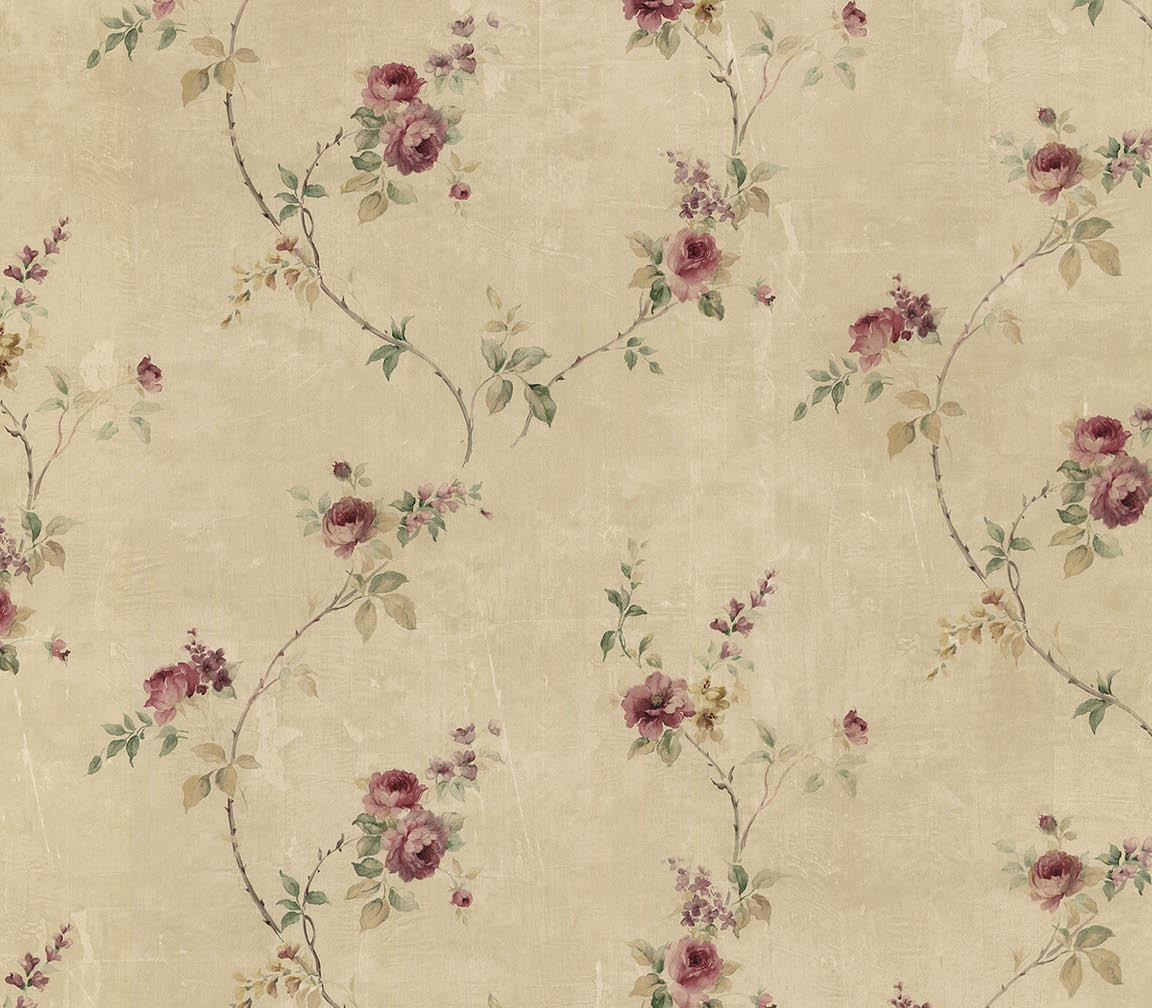 floral trail in beige, red and green wallpaper