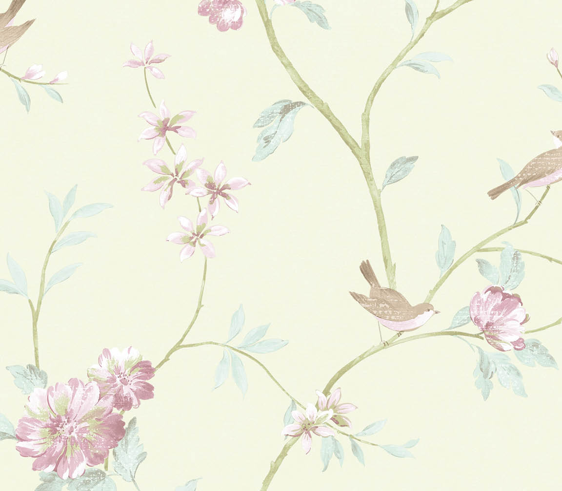 green and purple floral trail with birds wallpaper