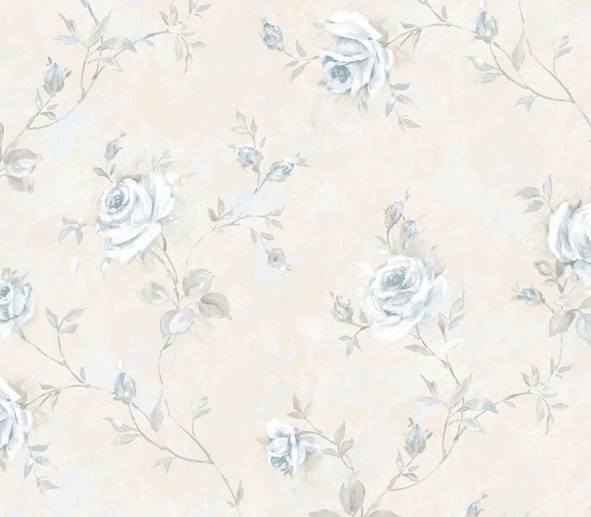 Blue and grey rose trail with a beige choke wallpaper