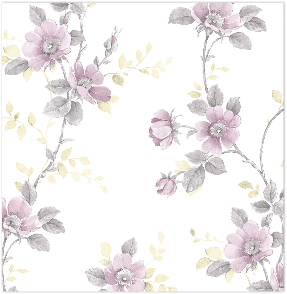 grey, purple and yellow floral trail on paper white wallpaper