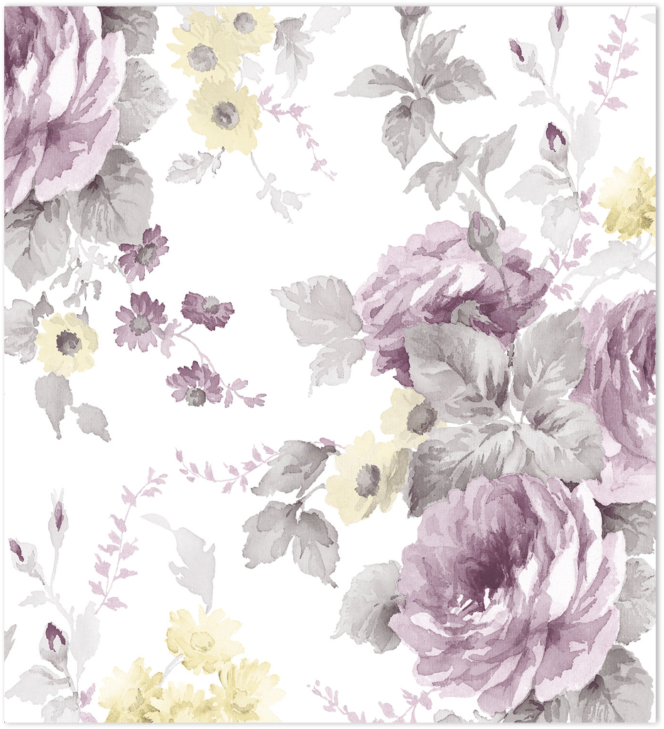 Purple and grey floral on paper white wallpaper