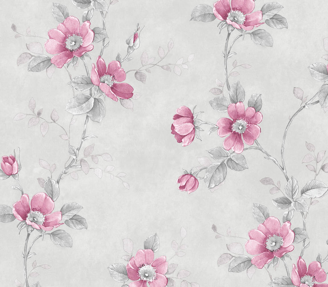 Pink and grey floral trail with a light grey choke wallpaper