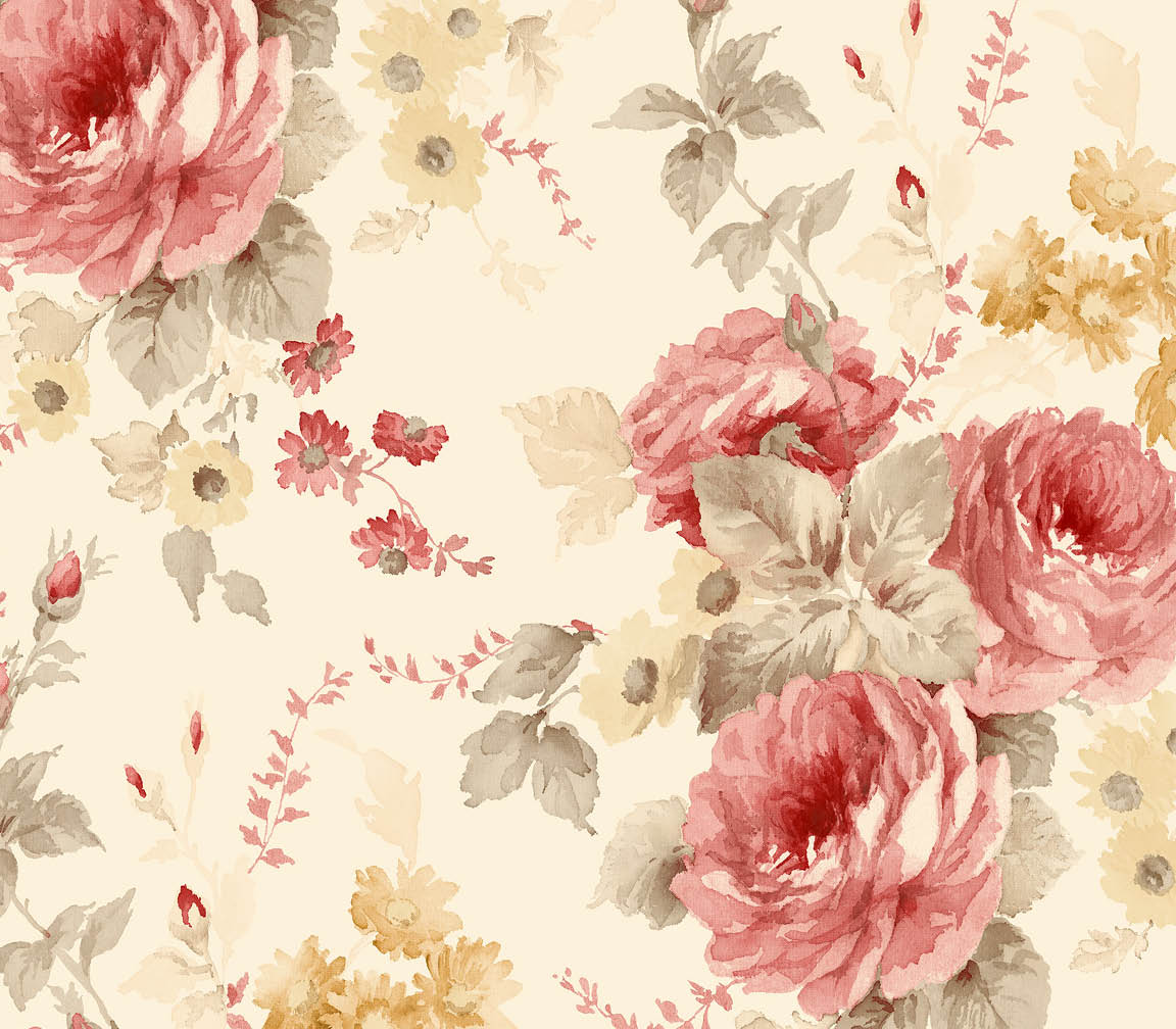 Red, green and yellow floral with a beige choke wallpaper
