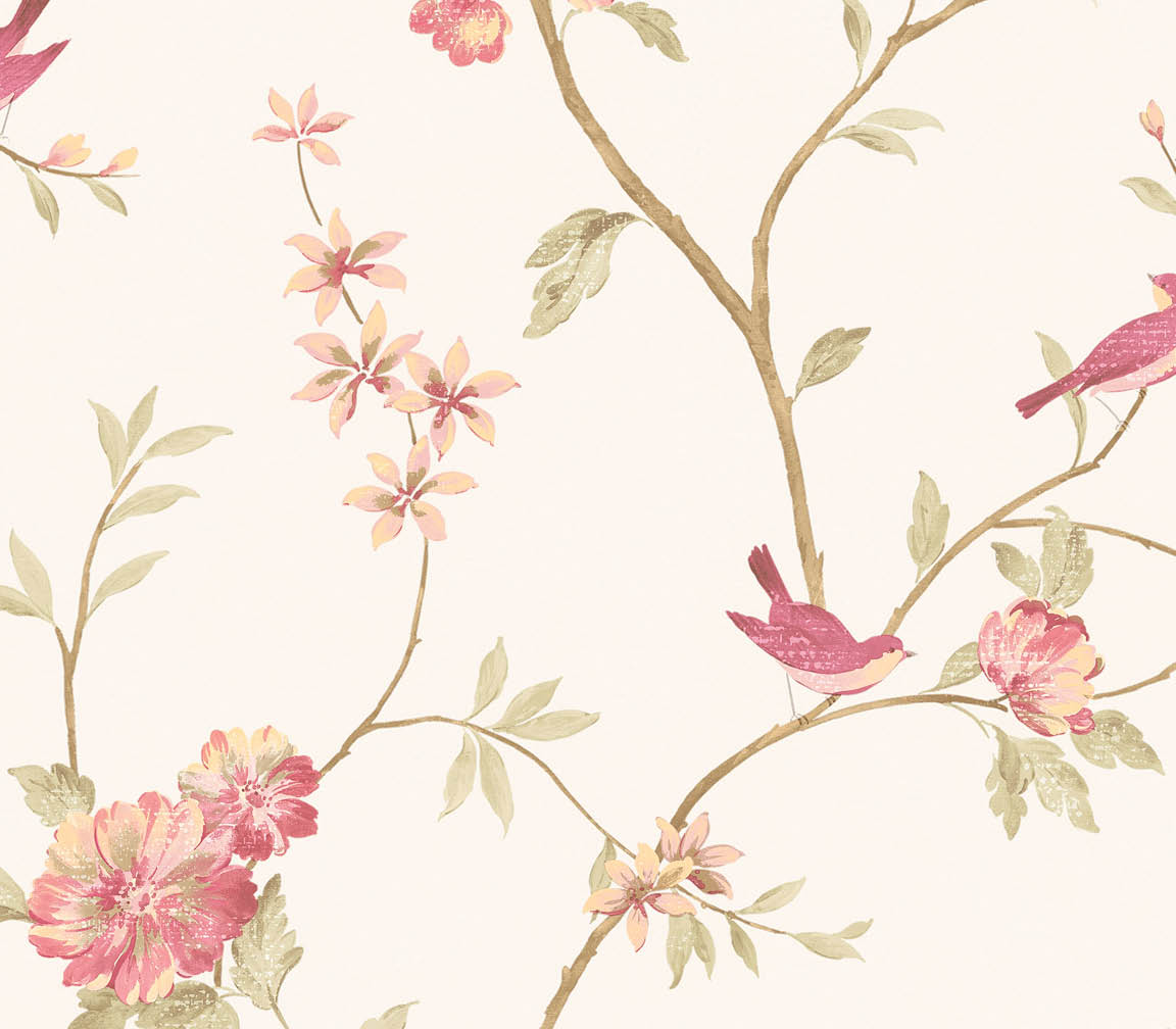 red and white floral trail with birds wallpaper