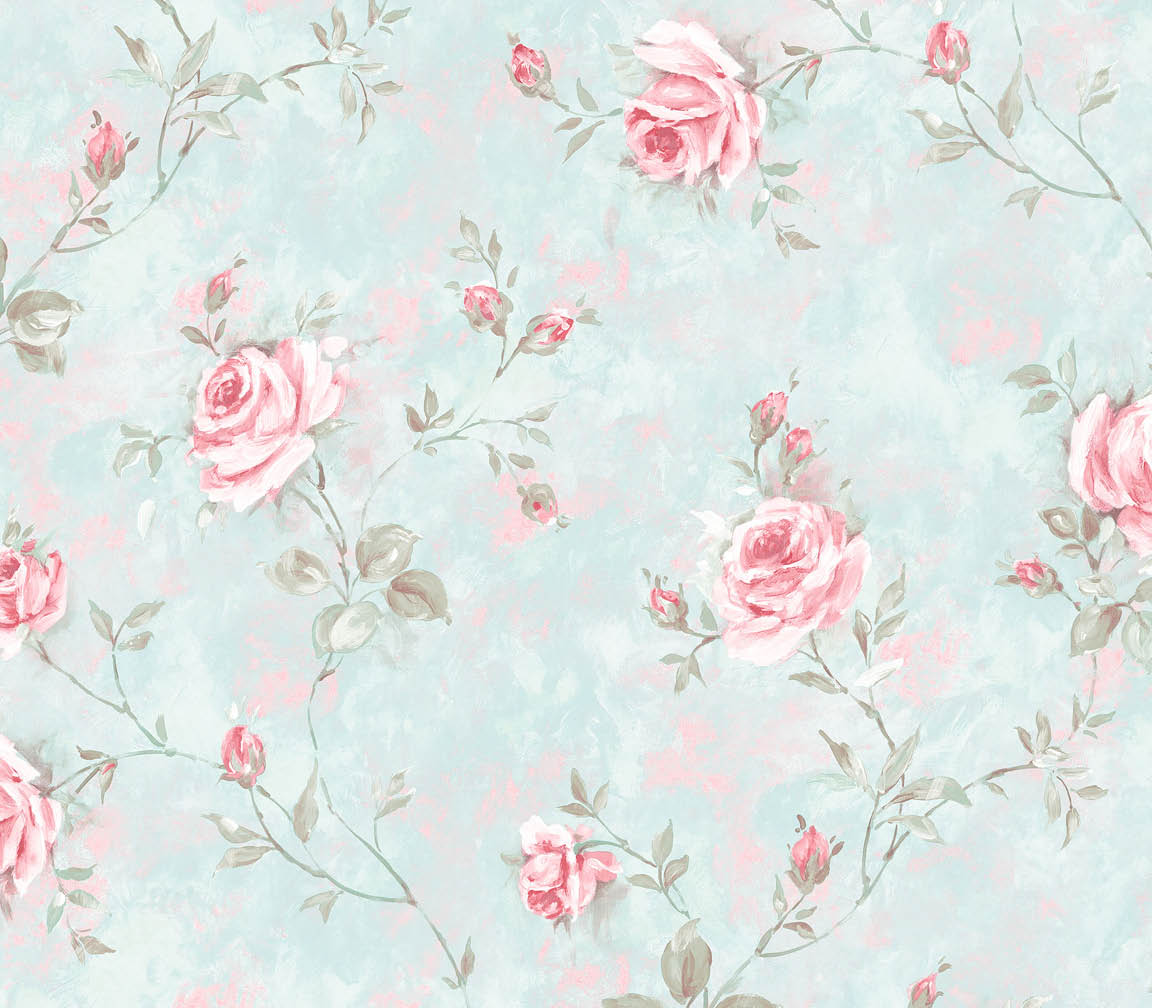 Pink and green rose trail with a turquoise choke wallpaper