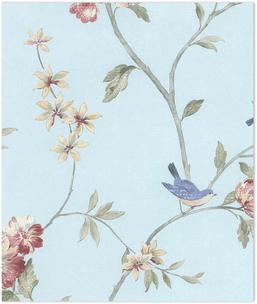 floral trail with birds on aqua background wallpaper