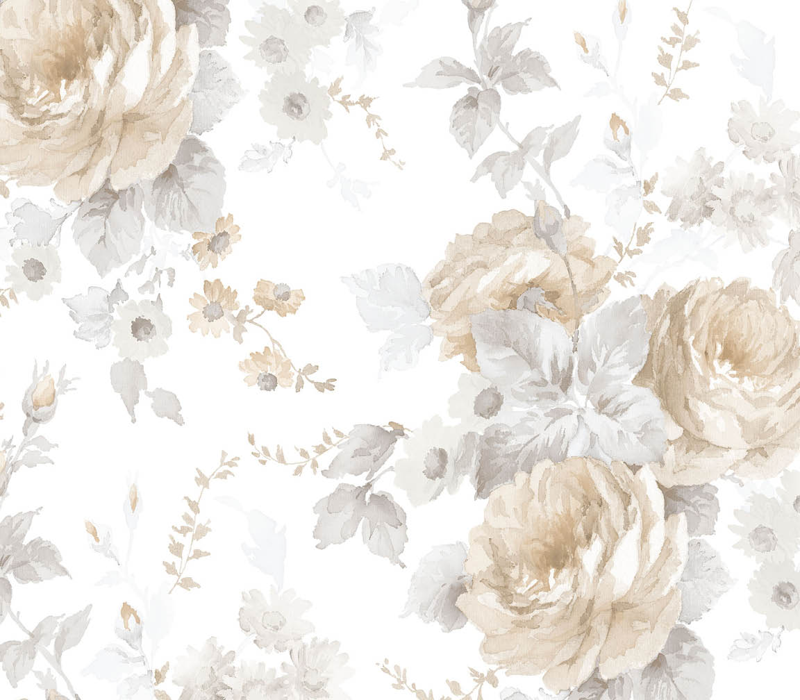 Beige and grey floral on paper white wallpaper