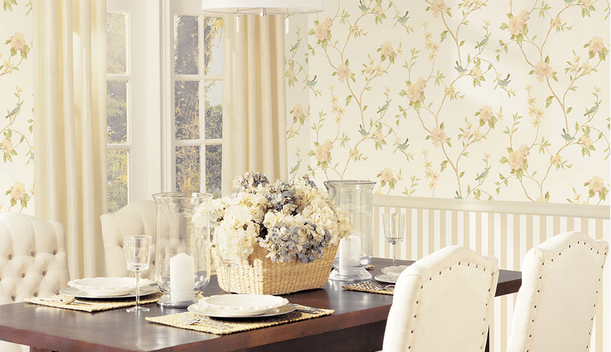 dining room with floral and birds wallpaper