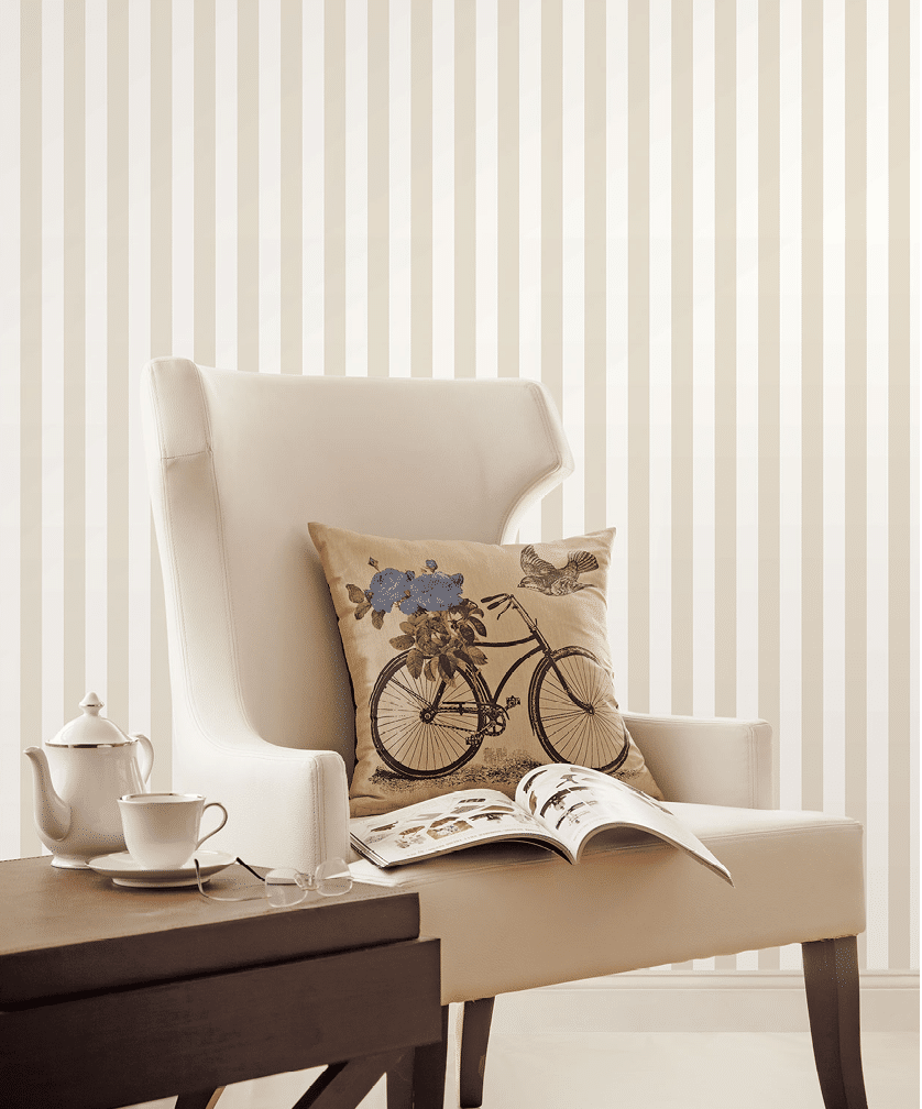 Living room crop with beige stripe wallpaper