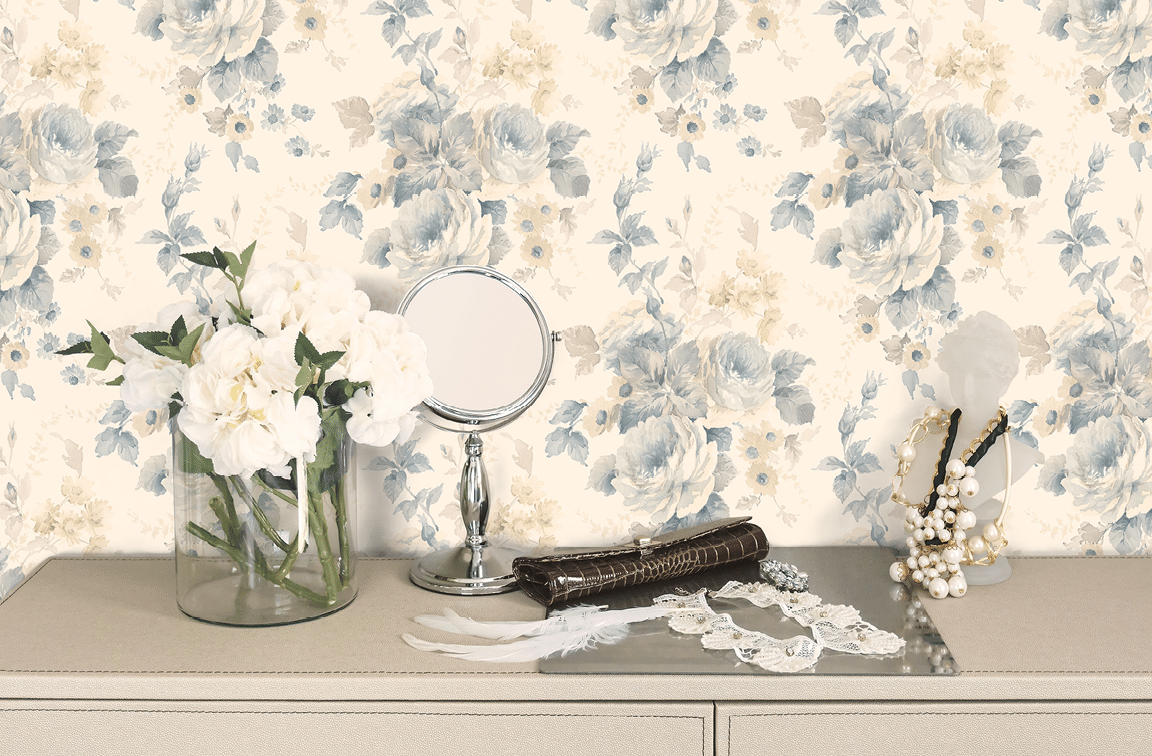 Dressing table top with blue and yellow florall wallpaper