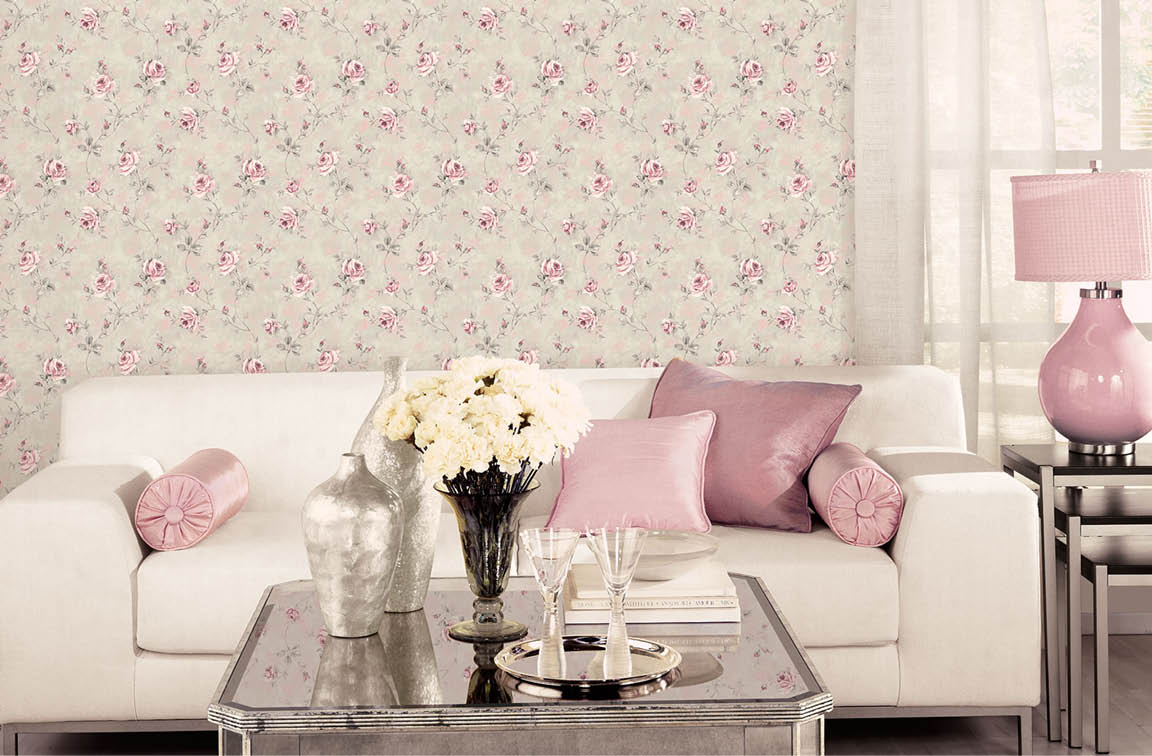 living room with pink and grey floral wallpaper