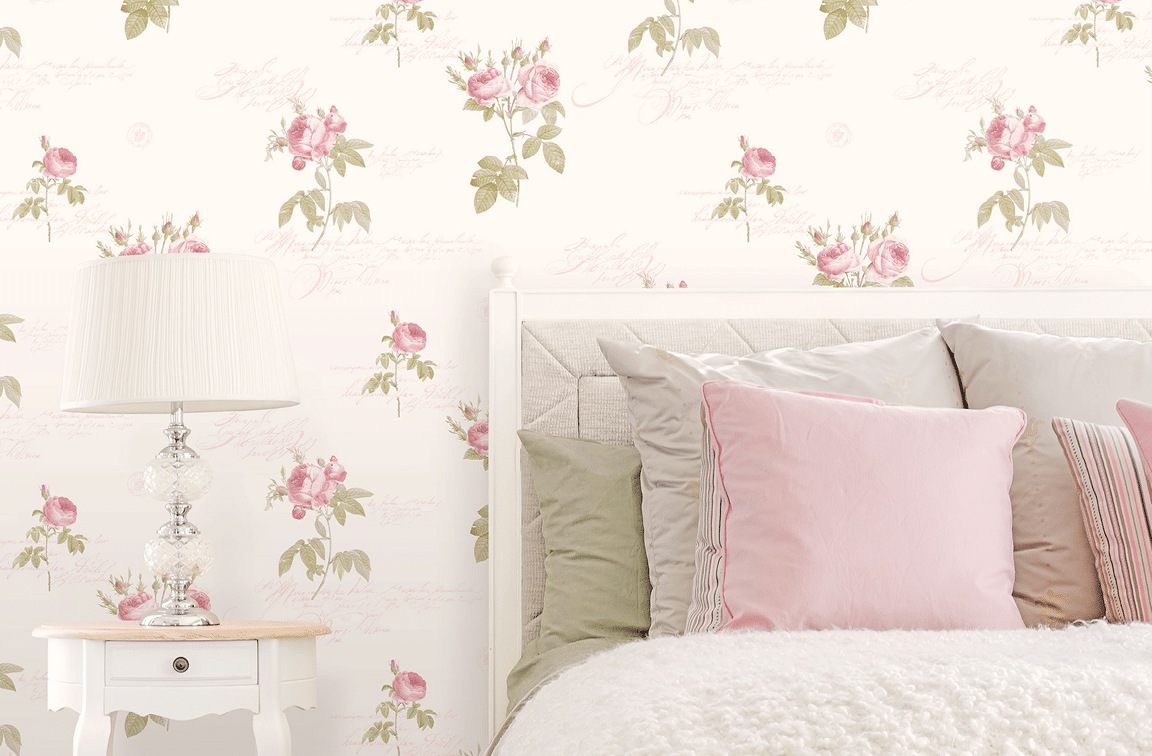 Bedroom with pink and green roses allover wallpaper