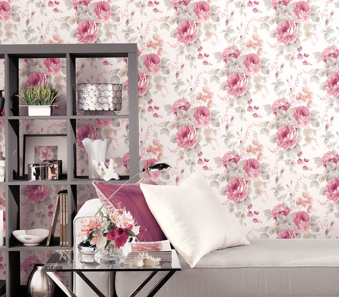 living room with pink and grey floral wallpaper