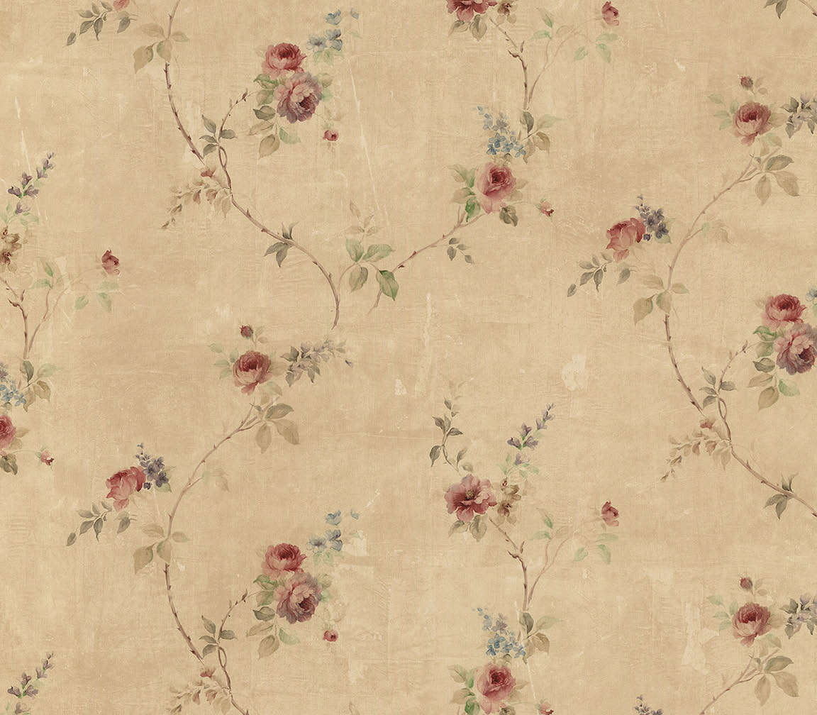 floral trail in beige, red and green wallpaper