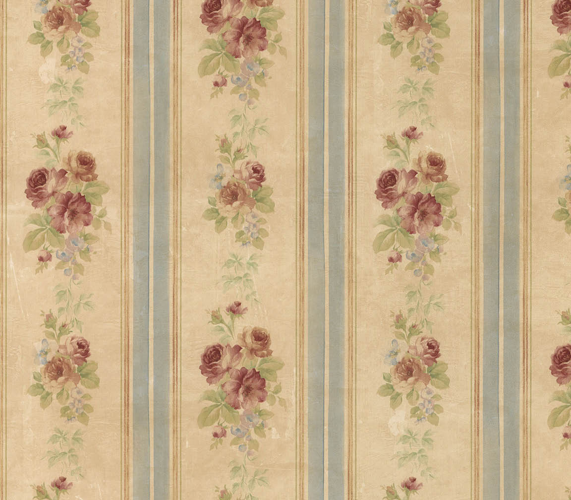 beige red and blue small rose stripe wallpaper