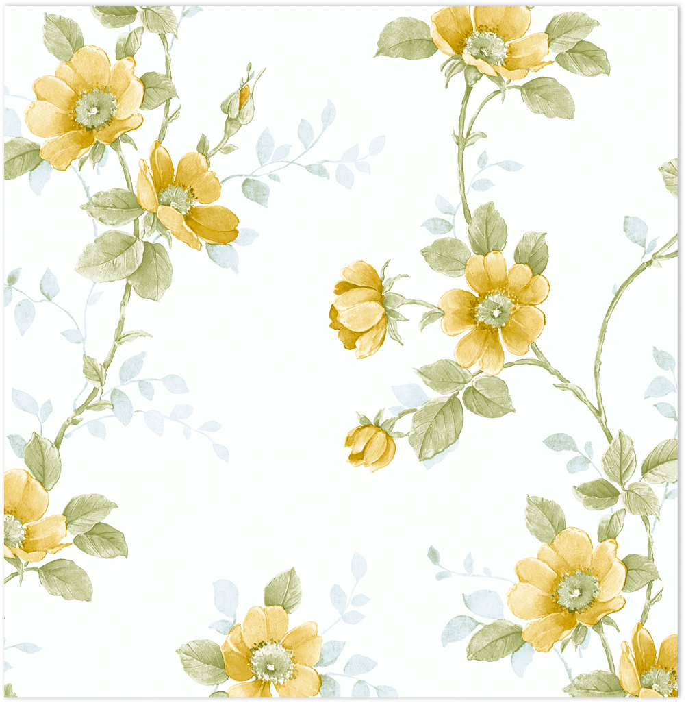 yellow, green and blue floral trail on paper white wallpaper